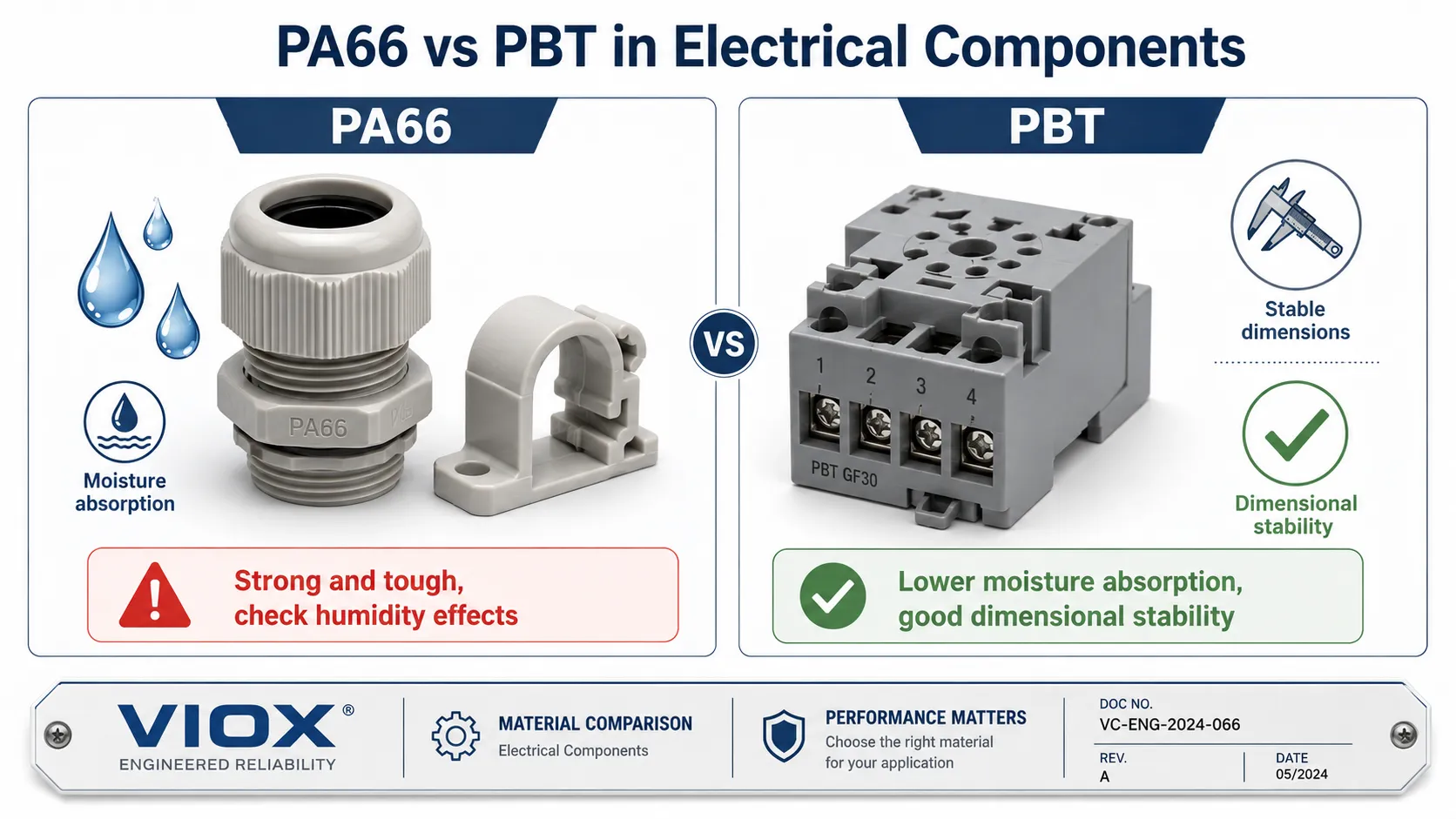 PA66 vs PBT comparison for electrical components showing moisture sensitivity and dimensional stability differences
