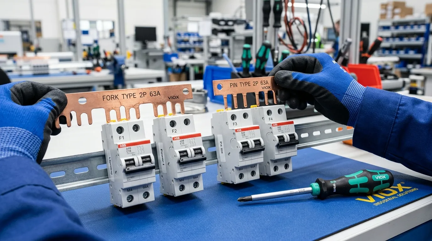 Panel builder comparing pin type and fork type MCB busbars with circuit breakers