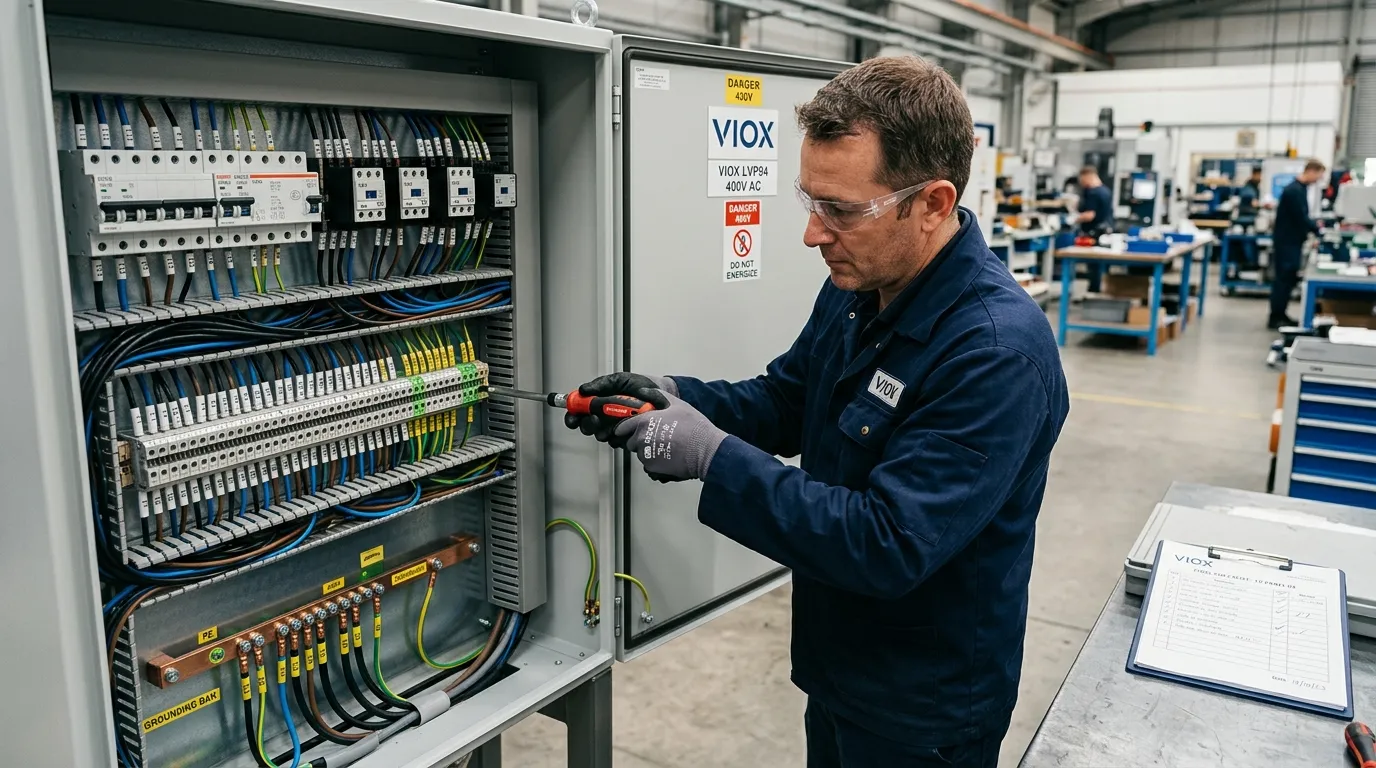 An experienced panel builder thoroughly inspecting a low-voltage electrical panel before energization in a factory setting