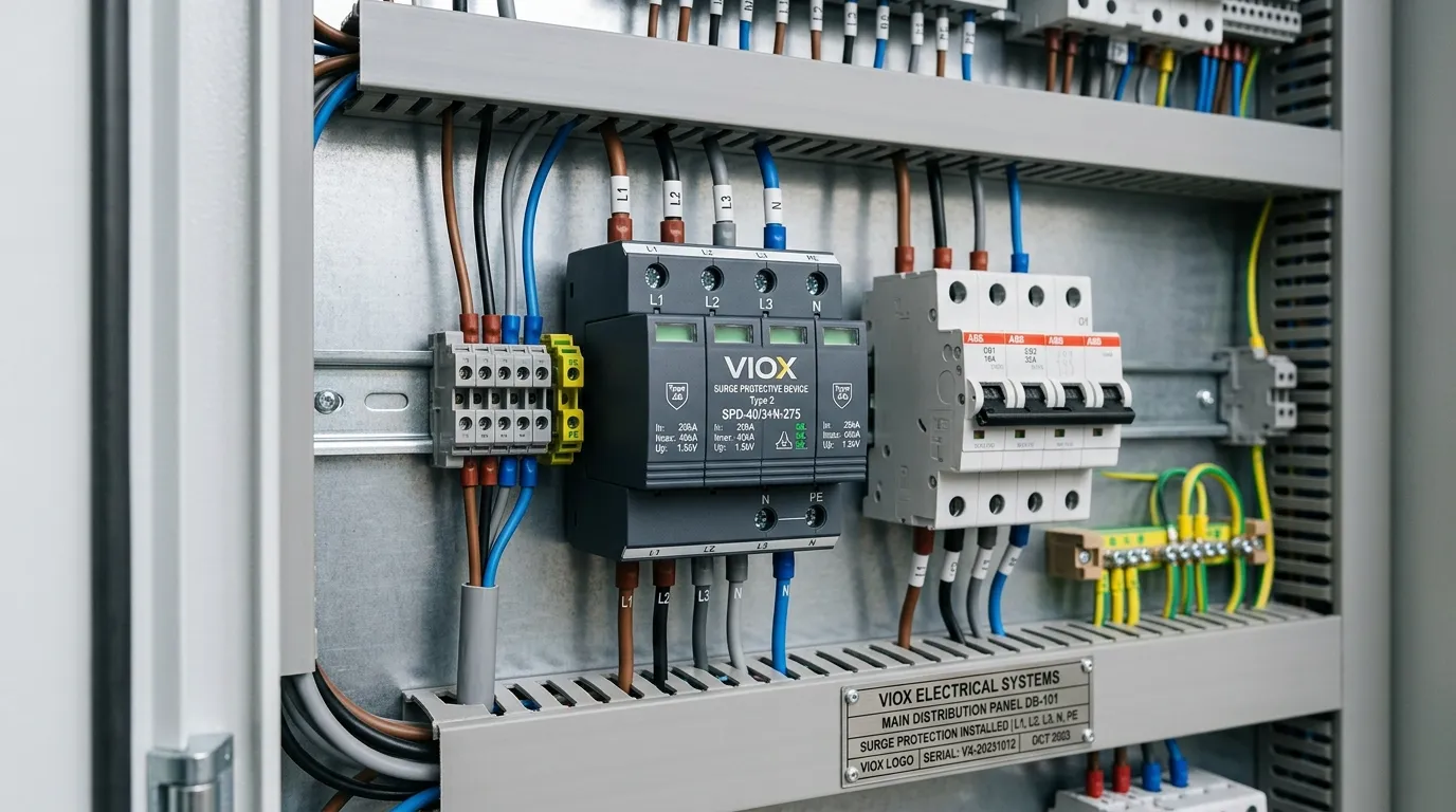 Vista di alta qualità di un dispositivo di protezione contro le sovratensioni (SPD) montato su pannello all'interno di un armadio di distribuzione elettrica a bassa tensione