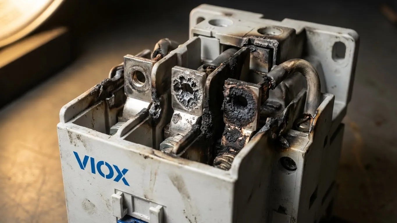 Close-up of a damaged AC contactor showing severe contact pitting and melting caused by DC arcing