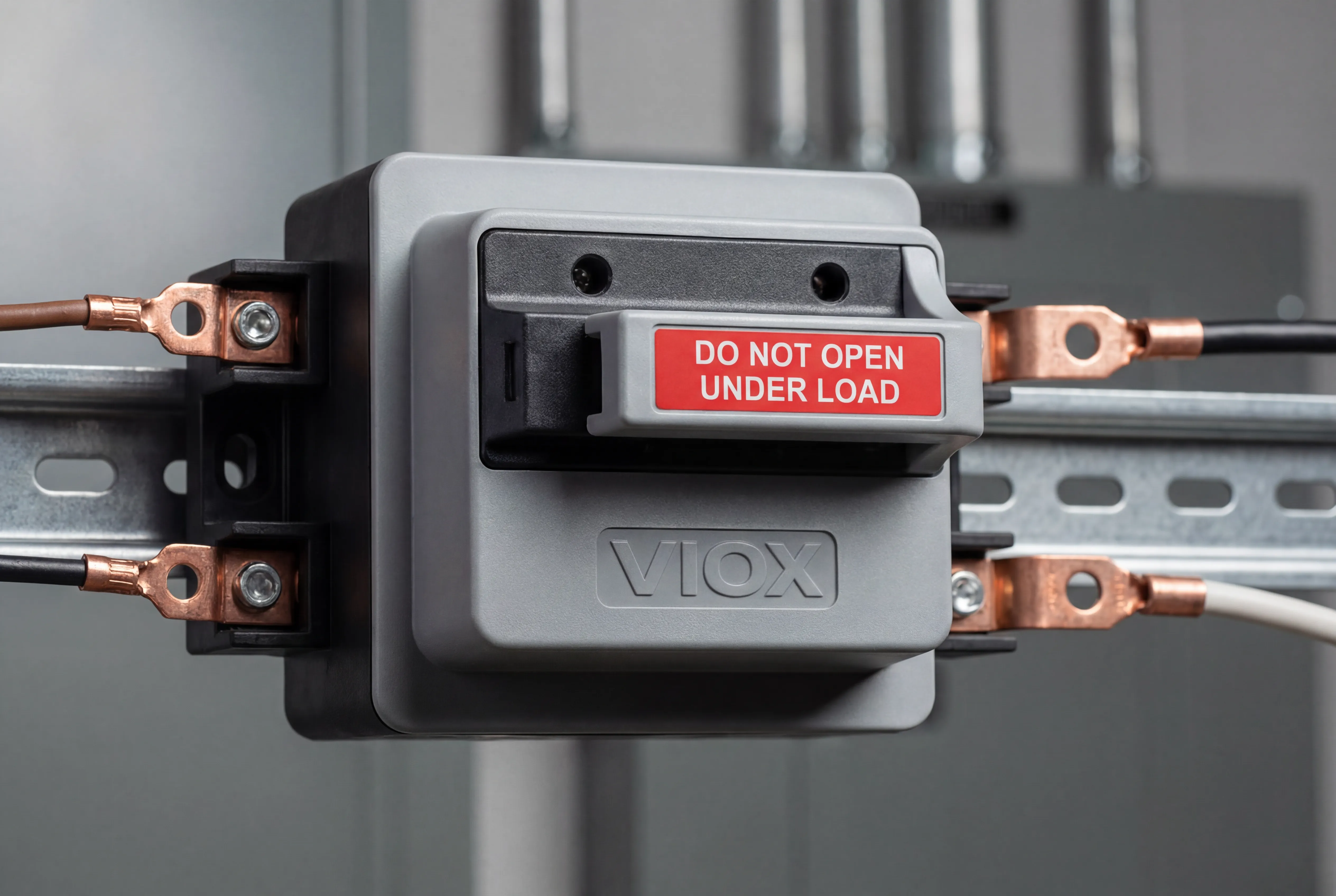 Gros plan industriel photoréaliste d'un porte-fusible DC et d'un sectionneur de marque VIOX montés sur un rail DIN