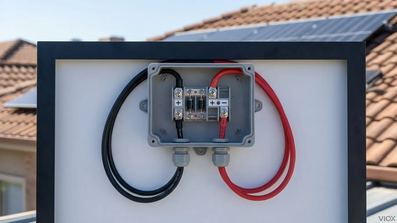 取り付け中のオープンソーラーパネルジャンクションボックスのフォトリアリスティックなビュー。ストレインリリーフグランド、極性マーキング付きの内部端子台、およびプロフェッショナルなドリップループを備えた赤/黒のPVケーブルを示しています。.