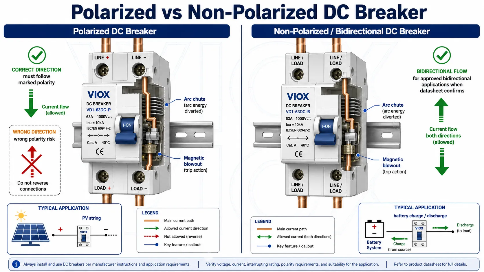 Polarized versus non-polarized DC circuit breaker selection for PV, battery, and bidirectional current systems