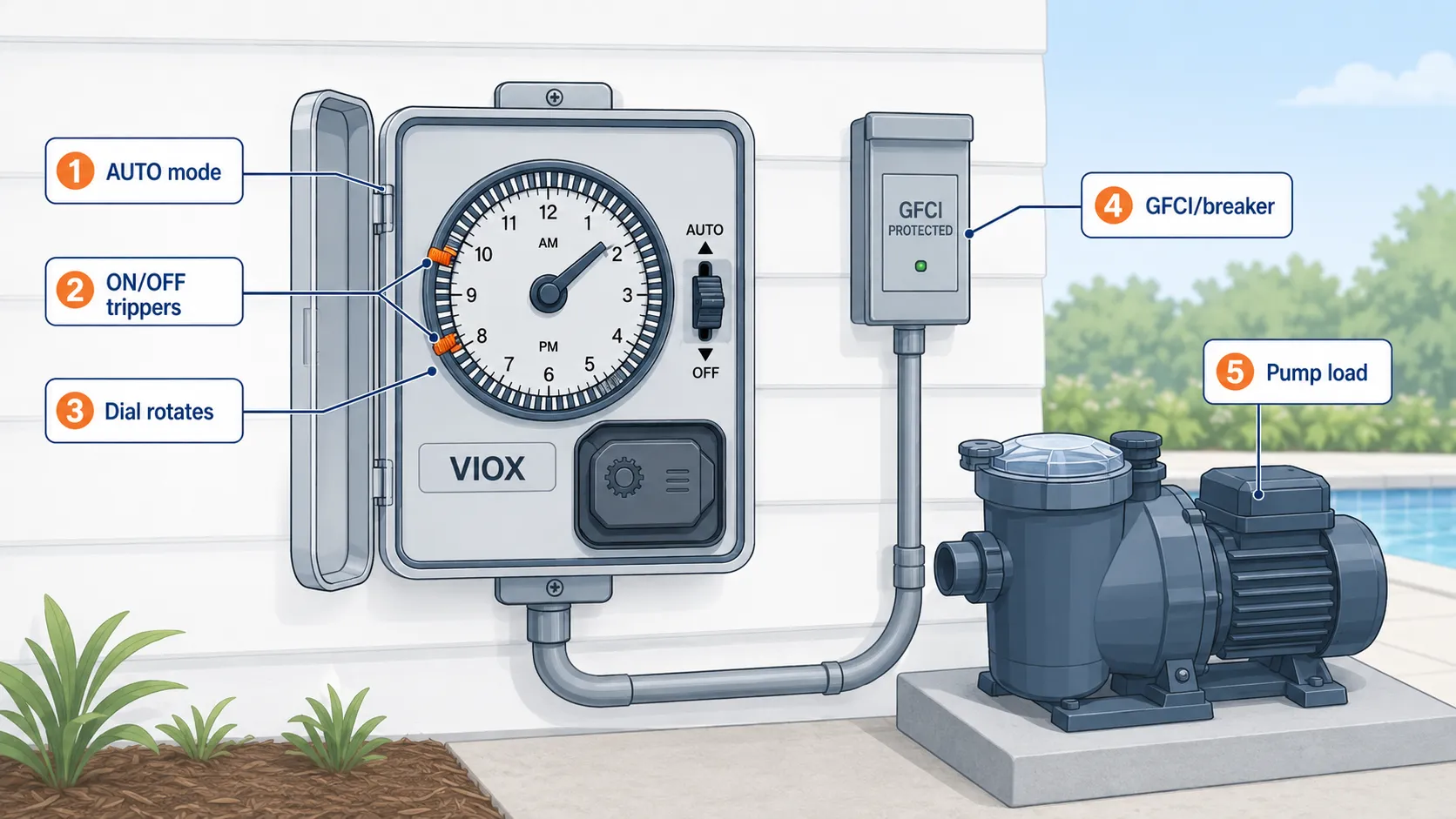 Pool pump mechanical timer troubleshooting for AUTO mode, trippers, dial movement, GFCI, and pump load