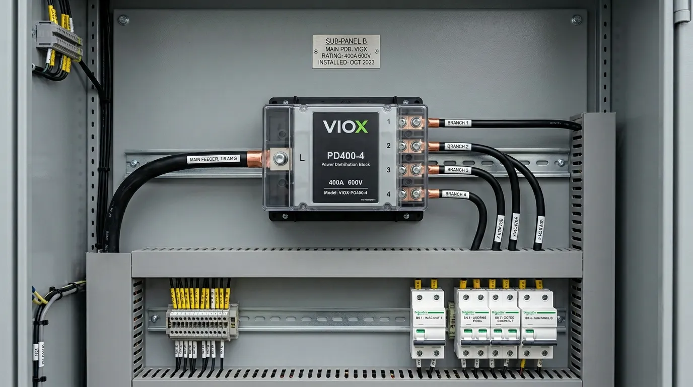 In einem industriellen Schaltschrank installierter Stromverteilerblock