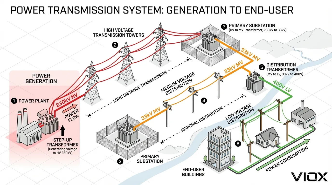 Power transmission system diagram showing voltage transformation from generation through high, medium, and low voltage distribution with VIOX equipment