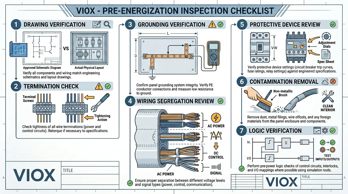 Visual infographic displaying a comprehensive pre-energization checklist for electrical panel inspection and quality control