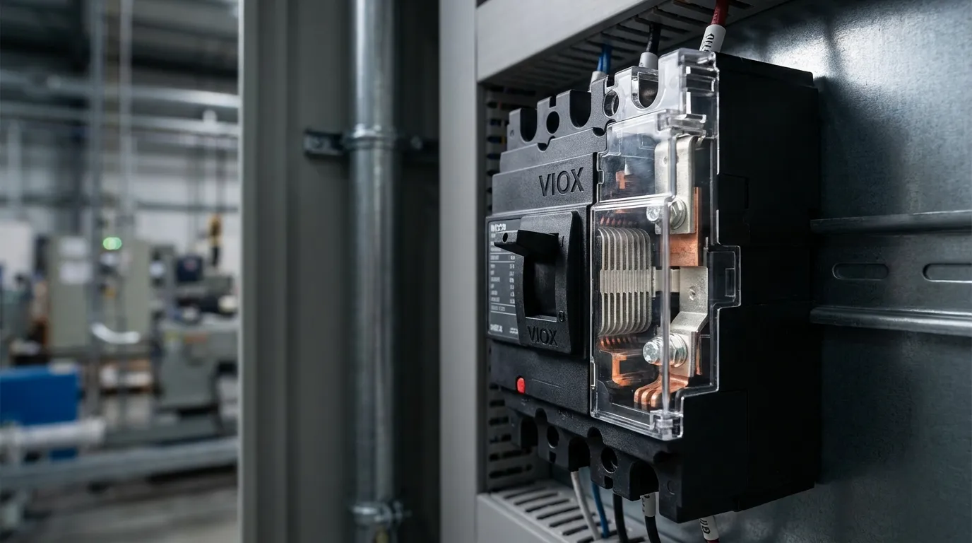 Premium VIOX MCCB molded case circuit breaker with transparent cutaway showing silver-copper contacts and arc chute plates in industrial electrical panel installation