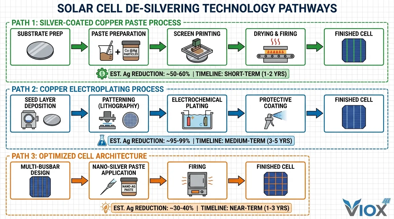 مخطط تدفق العملية يوضح ثلاثة مسارات تكنولوجية لتقليل استهلاك الفضة في تصنيع الخلايا الشمسية