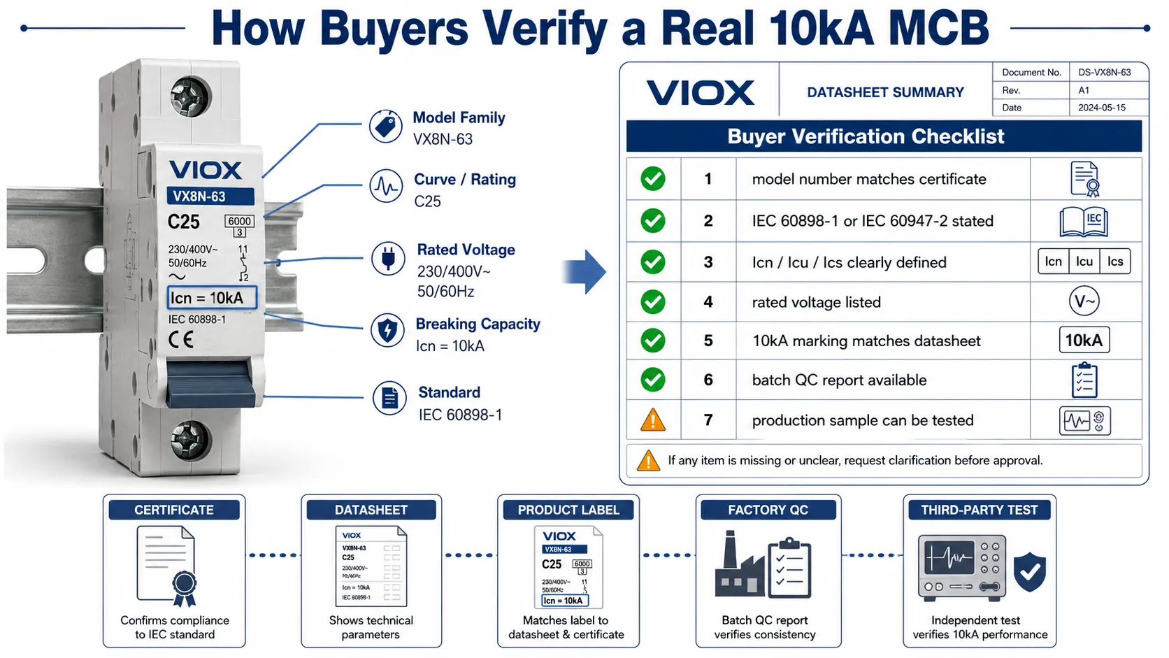 Procurement checklist for verifying a real 10kA MCB rating including certificate model number standard voltage Icn Icu Ics marking and batch QC