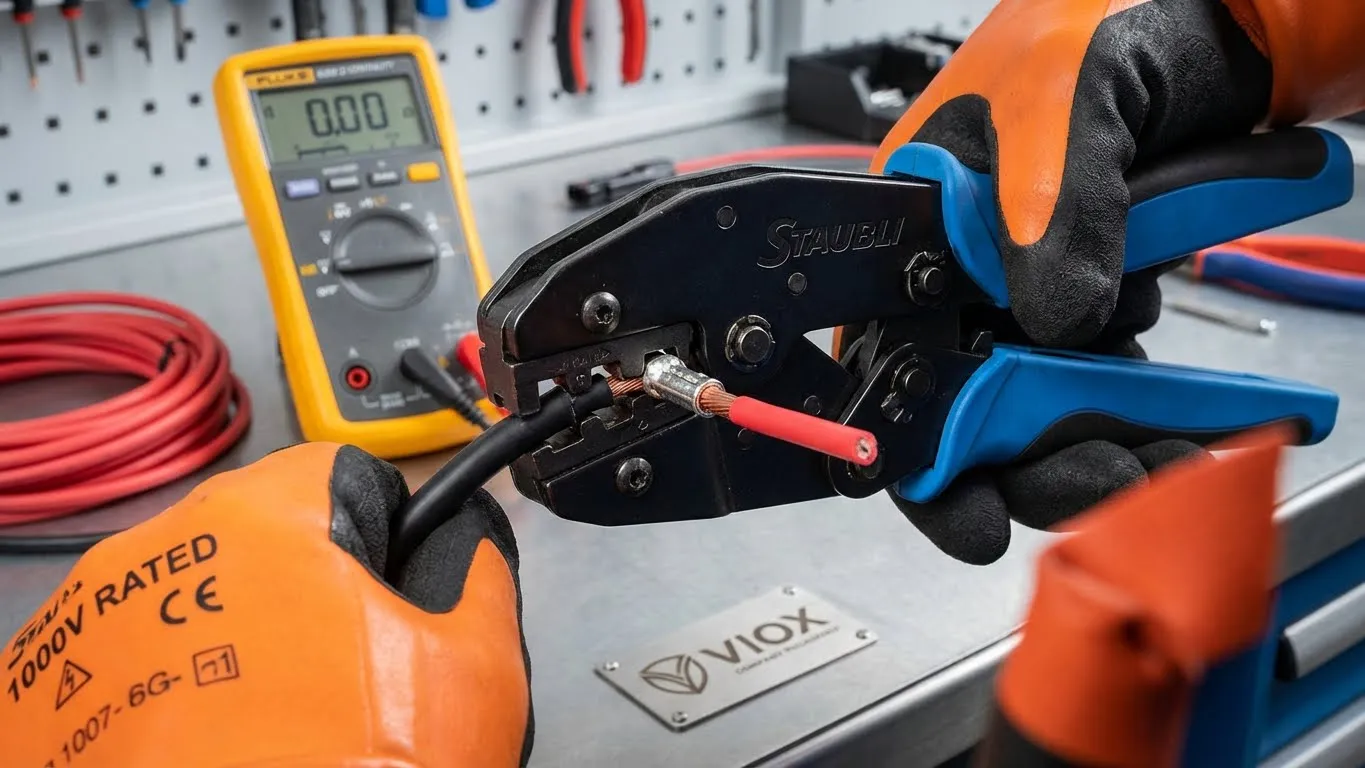 Professional MC4 connector crimping technique showing a ratcheting crimper tool securing a copper pin onto 10 AWG PV wire.