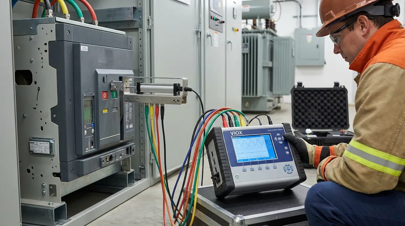 إعداد اختبار احترافي لقاطع الدائرة يظهر محلل VIOX متصلًا بقاطع صناعي مع محول حركة لقياس الخصائص الميكانيكية