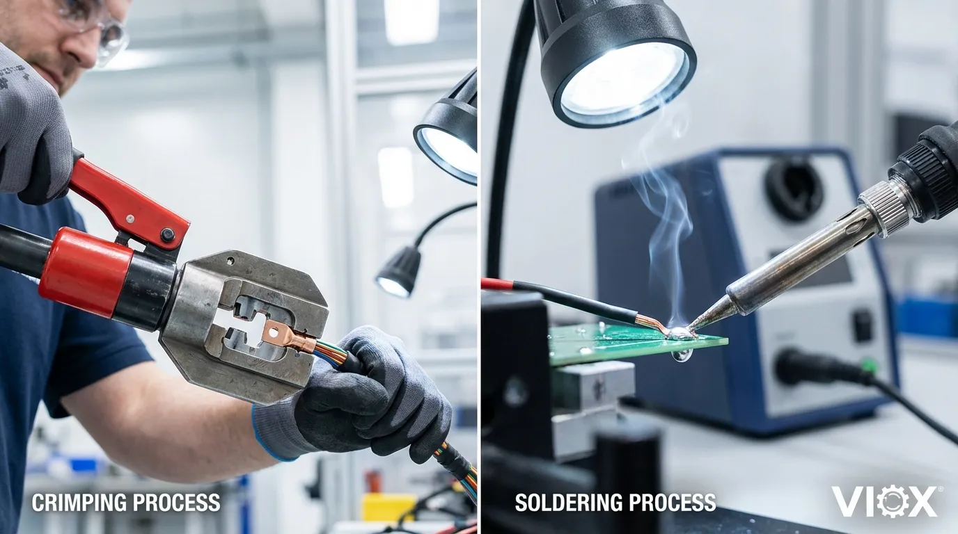 Comparaison professionnelle d’une pince à sertir et d’une station de soudage dans une usine de fabrication électrique montrant les méthodes de terminaison des fils