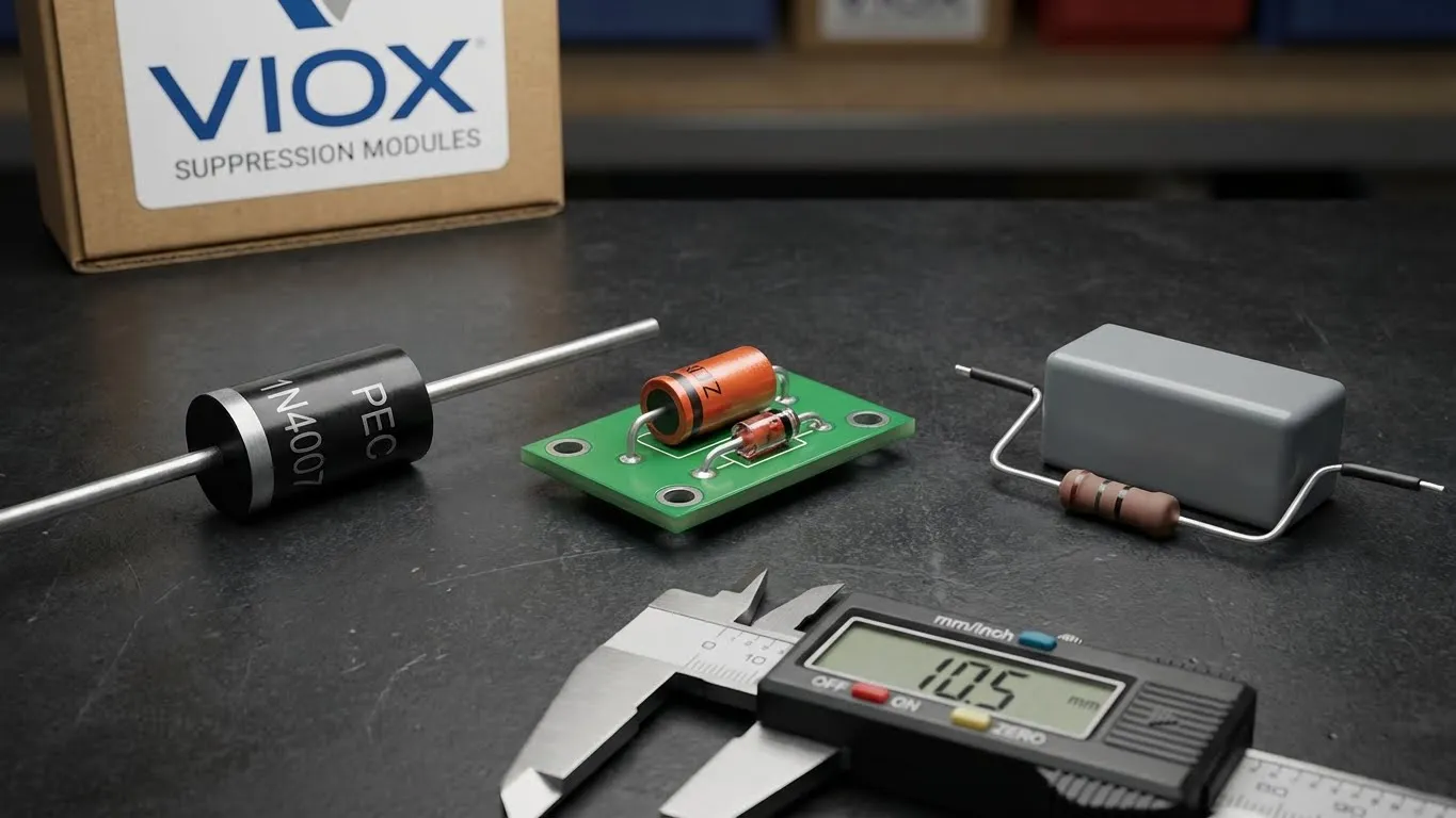 Επαγγελματική φωτογραφία σύγκρισης τριών εξαρτημάτων καταστολής πηνίου - δίοδος, συνδυασμός Zener και RC snubber