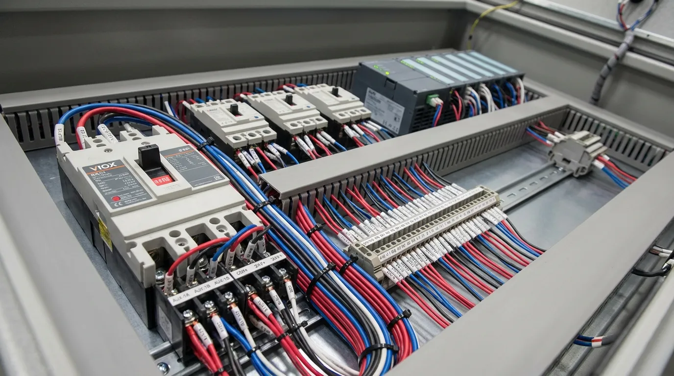 Professional control panel wiring showing VIOX MCCB auxiliary contacts connected to PLC through organized wire management system