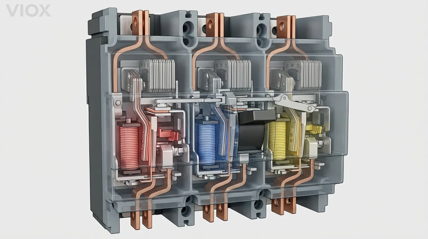 ภาพระยะใกล้ของหน้าสัมผัส MCCB และกลไกการตัดวงจรภายใน - แสดงแถบไบเมทัลลิกความร้อน ขดลวดแม่เหล็ก และพื้นผิวสัมผัสภายใต้แสงที่เหมาะสม