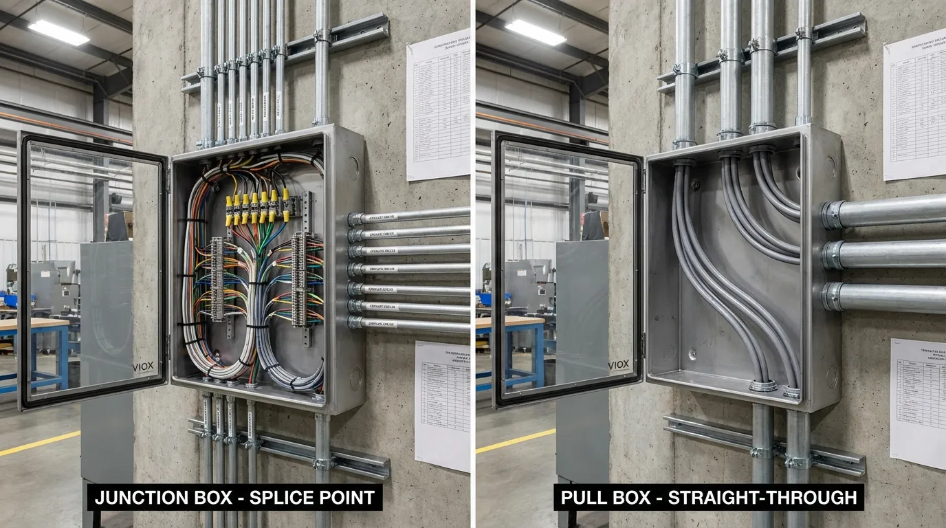 Professional electrical installation comparison showing junction box with wire splices versus pull box with cable routing