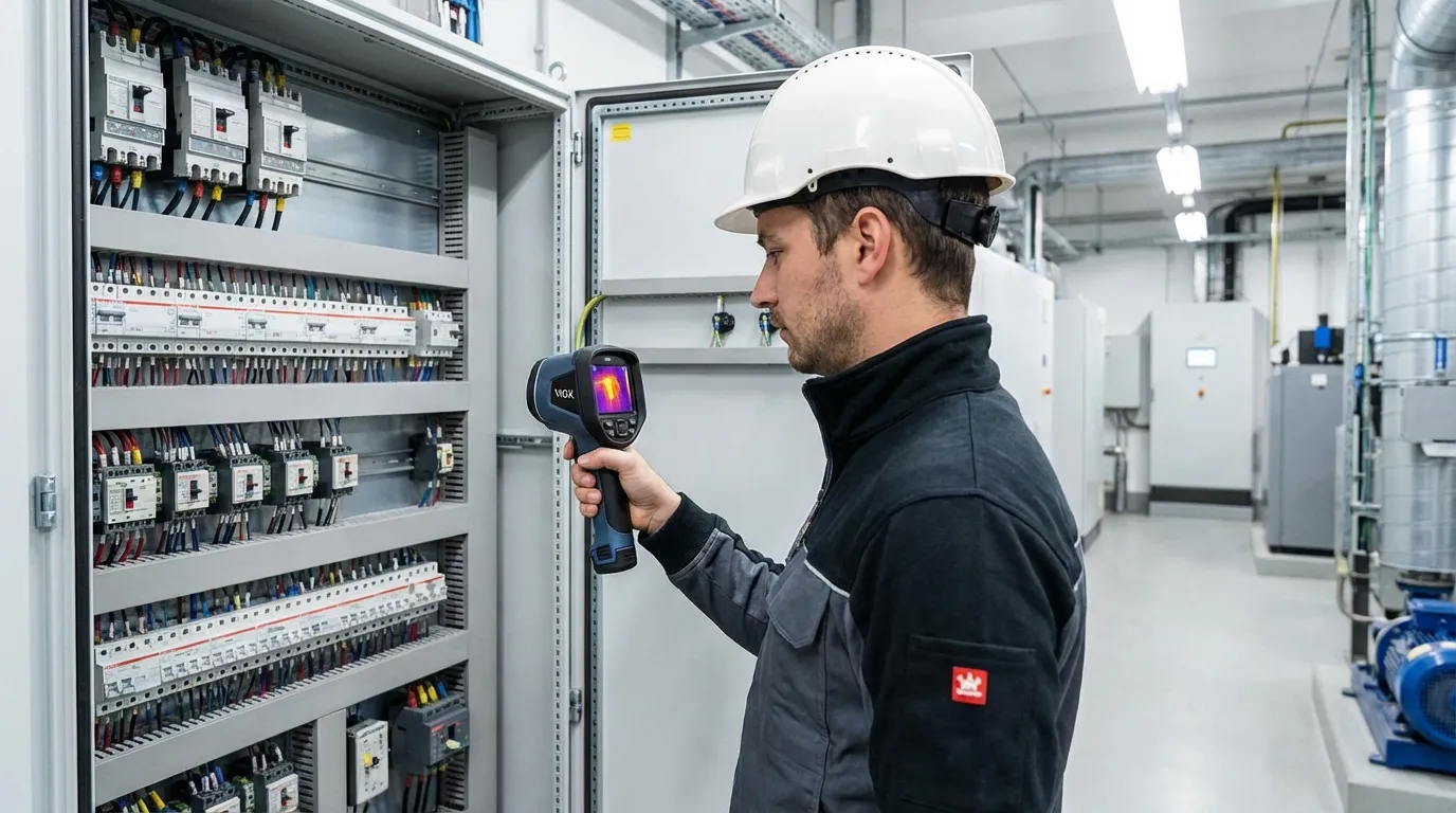 Professional electrician conducting thermographic inspection on industrial electrical panel with VIOX equipment
