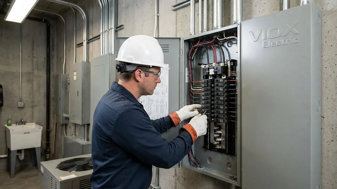 Électricien professionnel inspectant le panneau de disjoncteurs à la recherche de signes de défaillance - VIOX Electric