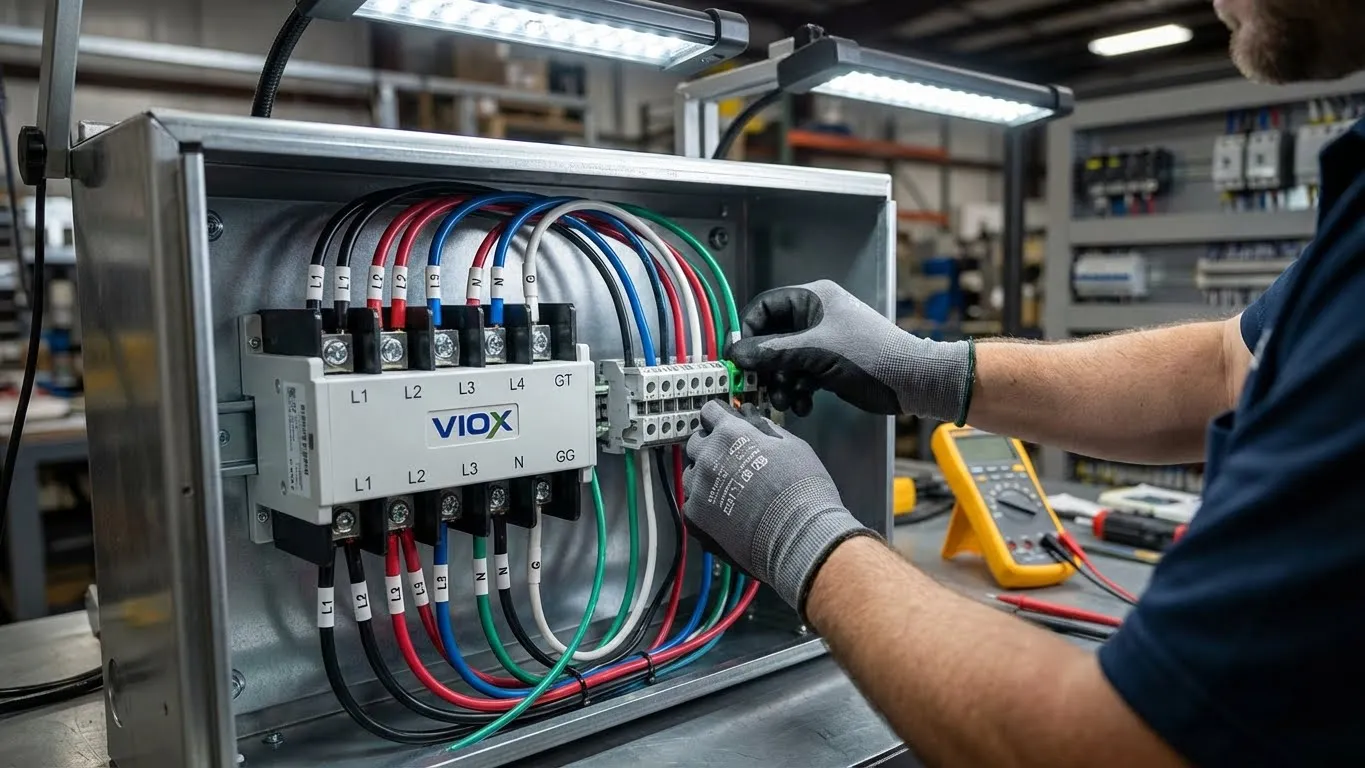 Electricista profesional cableando el interruptor de transferencia automática de 4 polos VIOX con conductores codificados por colores en un panel eléctrico industrial