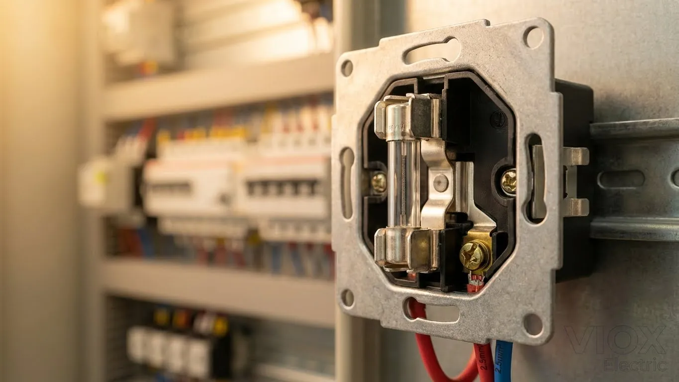 Professional industrial photography of a DIN rail mounted fuse holder with ceramic cartridge fuse 10x38mm and screw terminal connections