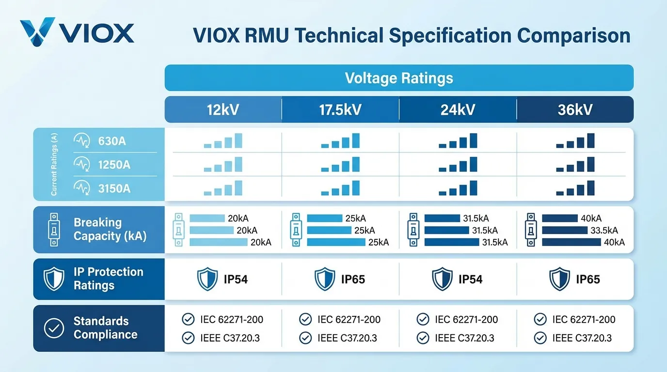 Infografika porównująca specyfikacje techniczne RMU VIOX, w tym wartości napięcia i prądu