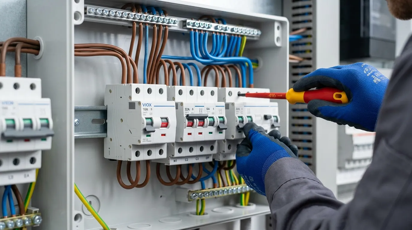 Konut dağıtım panosunda uygun DIN rayı montajı ve renk kodlu kablo bağlantıları gösteren VIOX MCB'lerinin profesyonel kurulumu