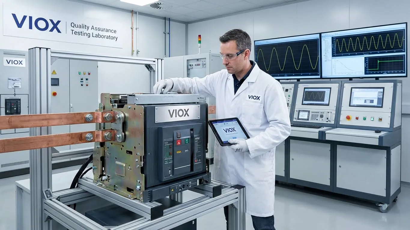 Ingeniero realizando pruebas de control de calidad en interruptores automáticos VIOX en un entorno de laboratorio