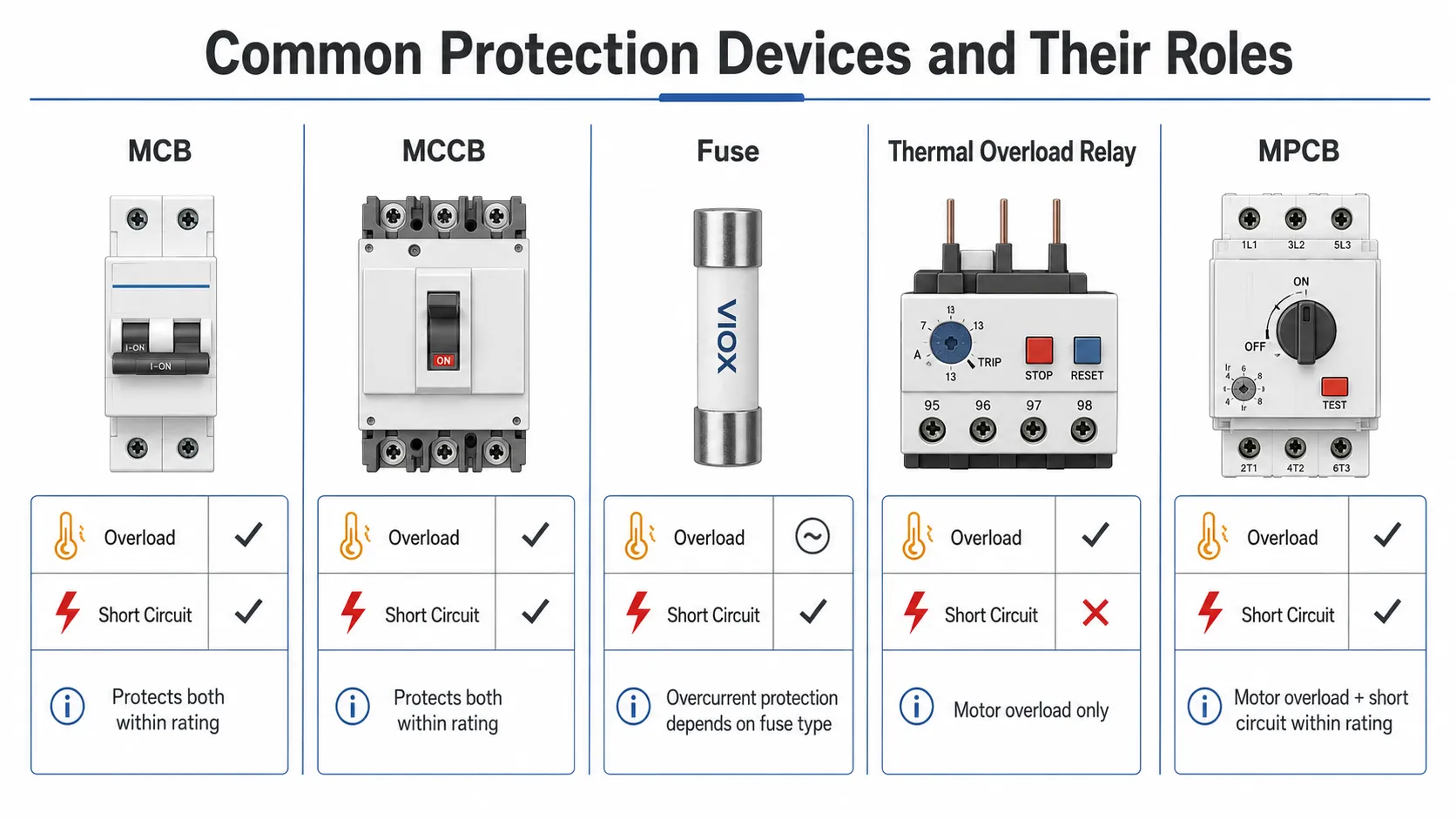 Protection device roles for overload and short circuit including MCB, MCCB, fuse, and overload relay.