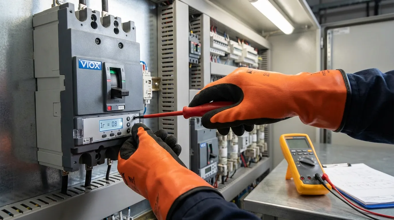 Qualified electrician adjusting electronic trip unit settings on VIOX adjustable circuit breaker using proper tools and safety procedures