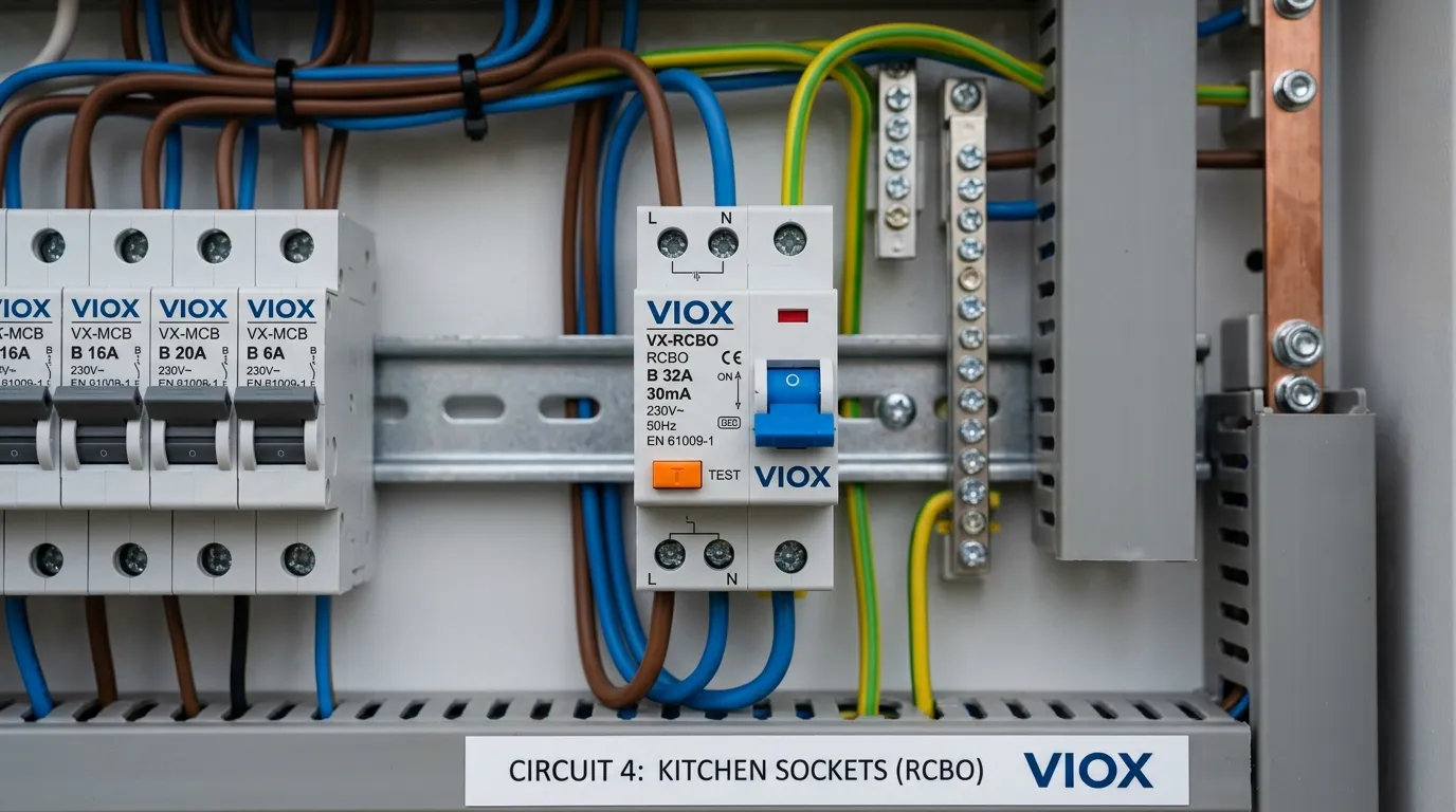 Un RCBO installato in un quadro di distribuzione a bassa tensione accanto agli MCB