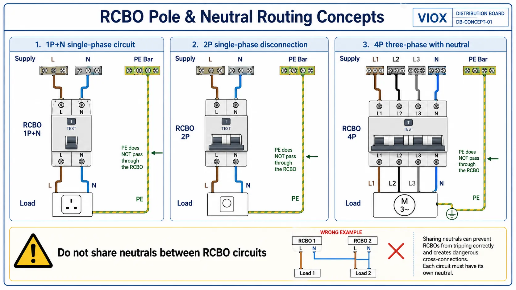 RCBO pole configuration and neutral routing diagram showing why shared neutrals cause unwanted tripping