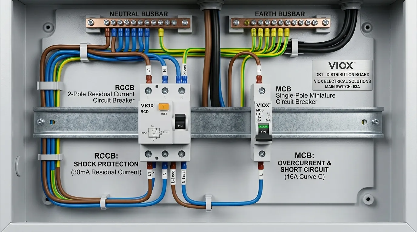 УЗО (RCCB) и автоматический выключатель (MCB), установленные бок о бок в низковольтном распределительном щите