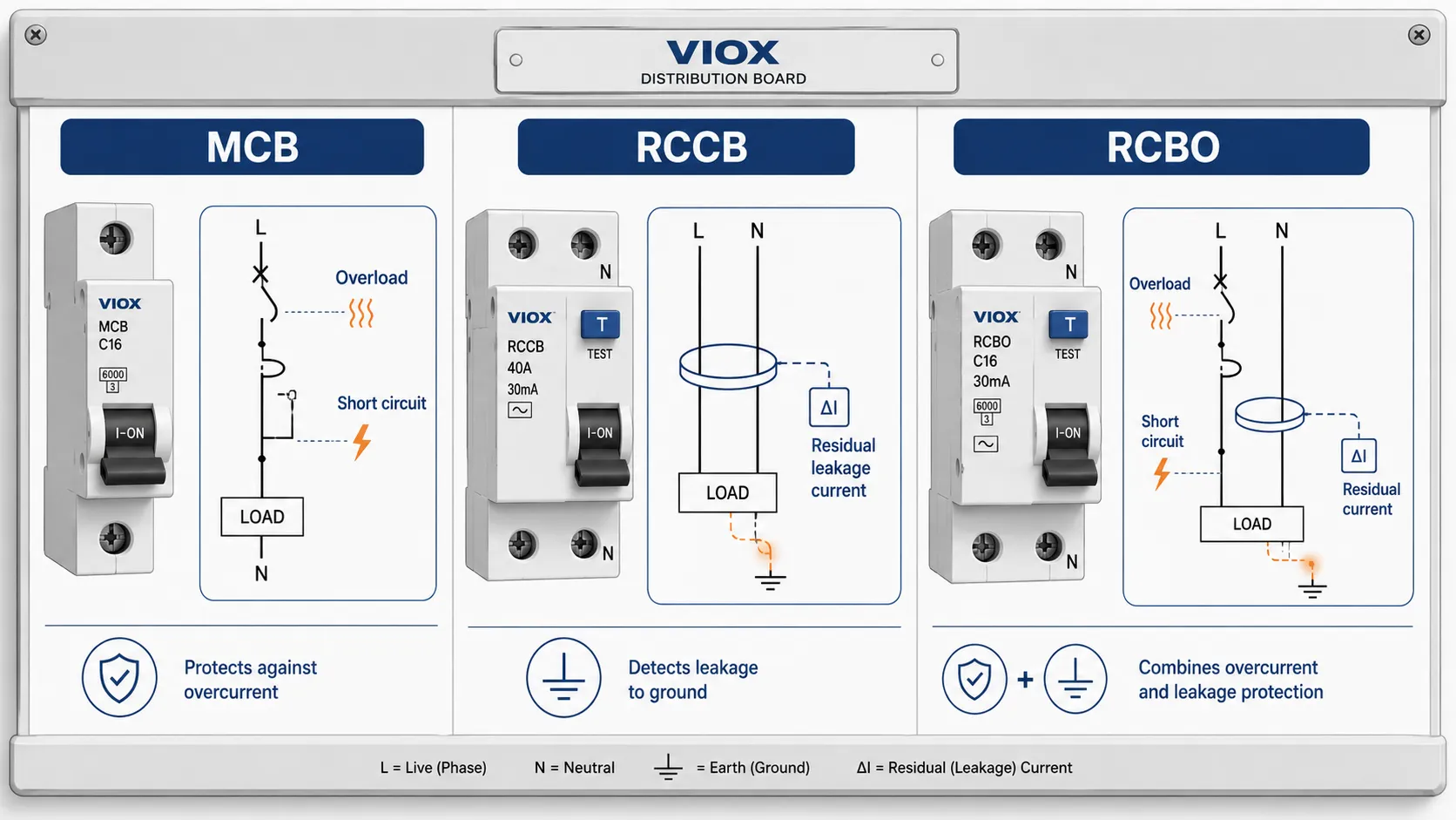 RCCB and RCBO protection functions compared with MCB overcurrent protection.