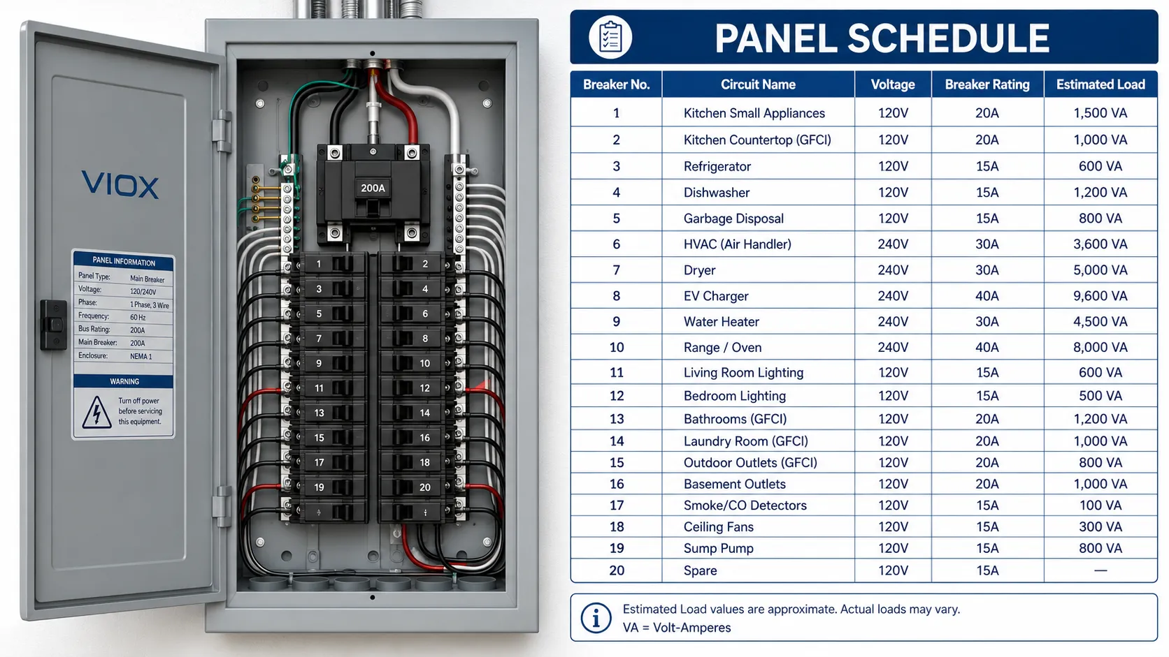 Residential electrical panel schedule for estimating circuit loads and breaker capacity.