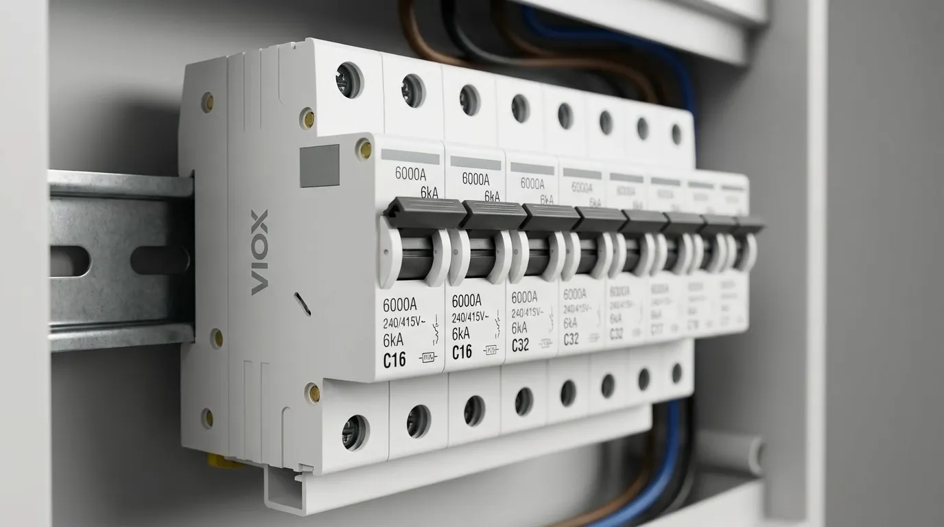 MCB 6kA dipasang dalam panel pengagihan kediaman menunjukkan penarafan kapasiti pemutusan