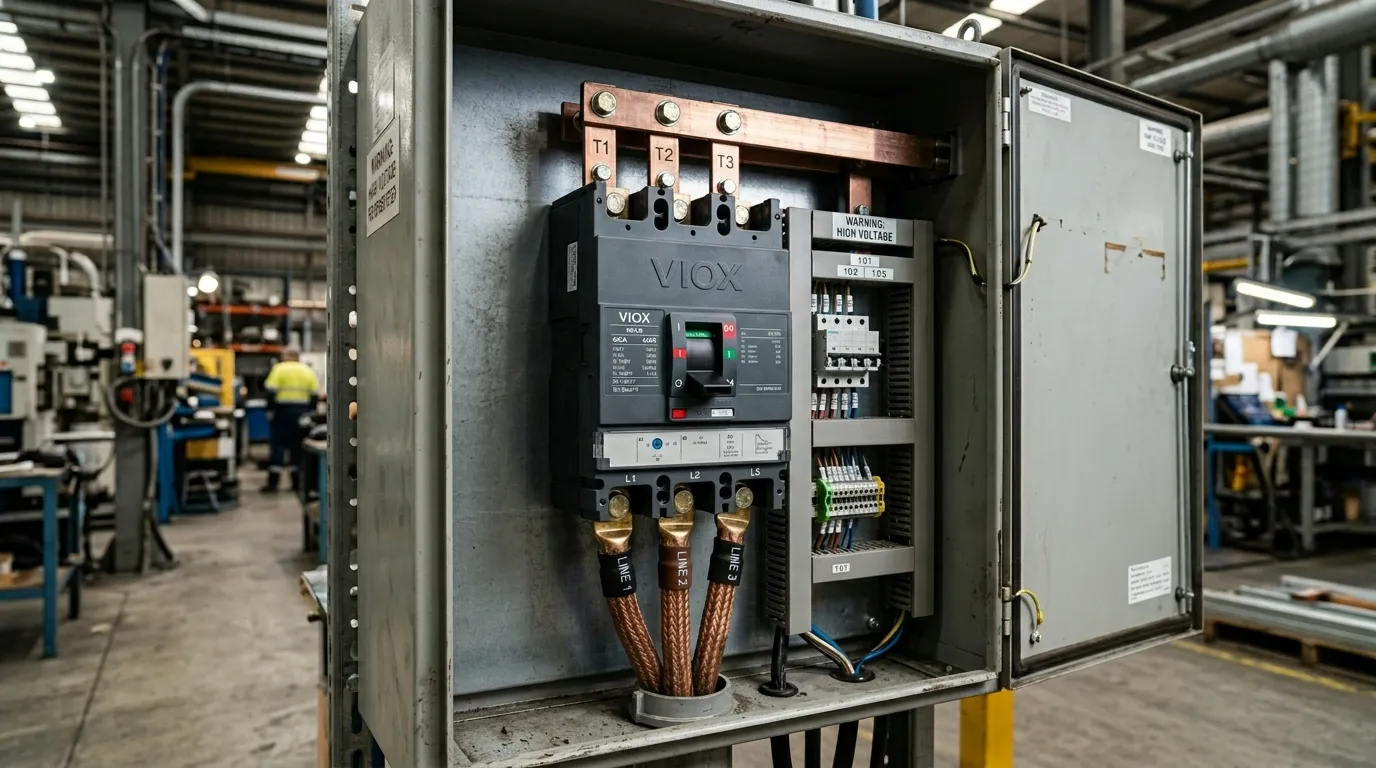 Reverse-fed VIOX molded case circuit breaker na naka-install sa industrial electrical panel na may bottom-entry cable connections