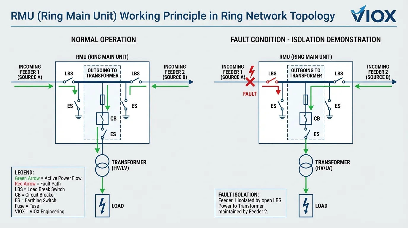 Schemat zasady działania RMU pokazujący przepływ mocy w warunkach normalnych i awaryjnych