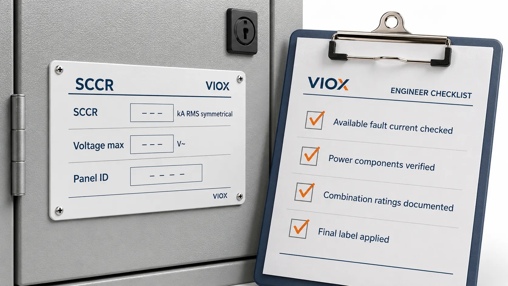 SCCR panel label checklist showing voltage, kA rating, available fault current, and documentation.