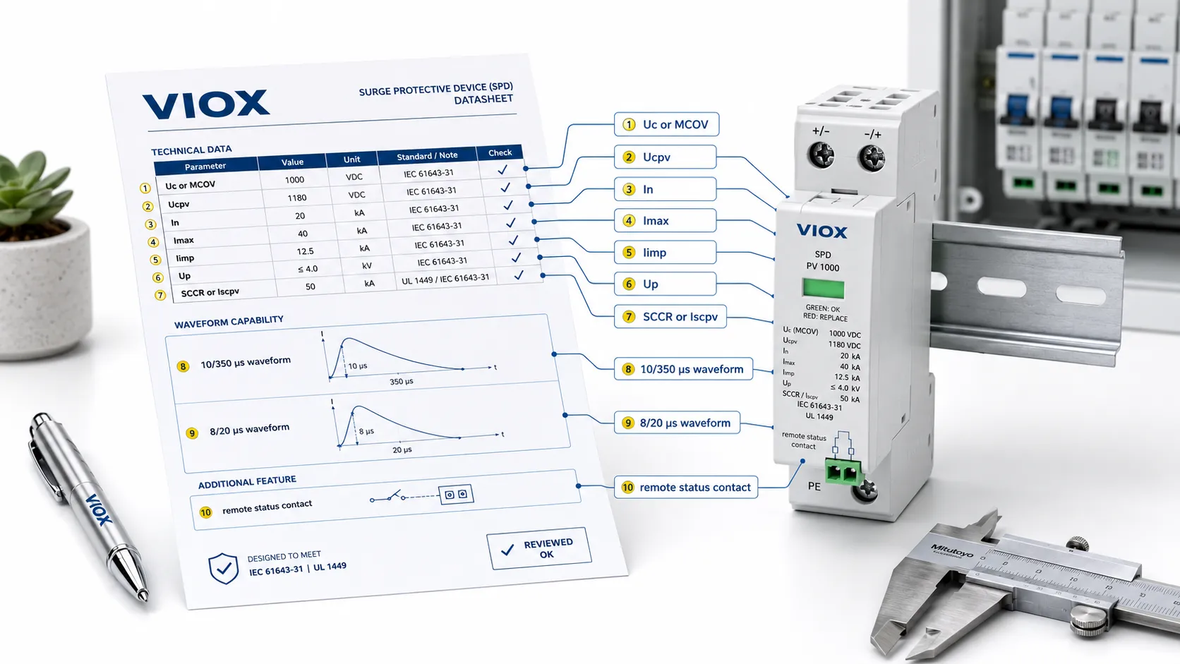 SPD datasheet verification checklist showing Uc, Ucpv, In, Imax, Iimp, Up, and waveform ratings.
