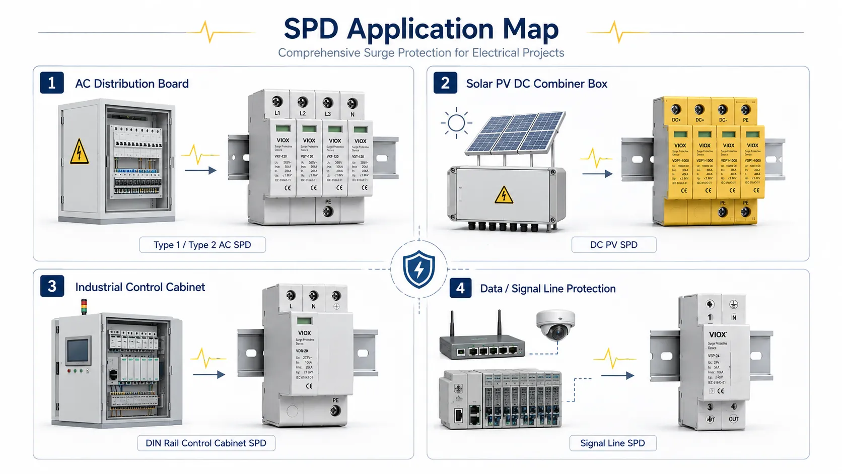 SPD manufacturer selection by AC distribution, PV DC, control cabinet, and signal protection applications.
