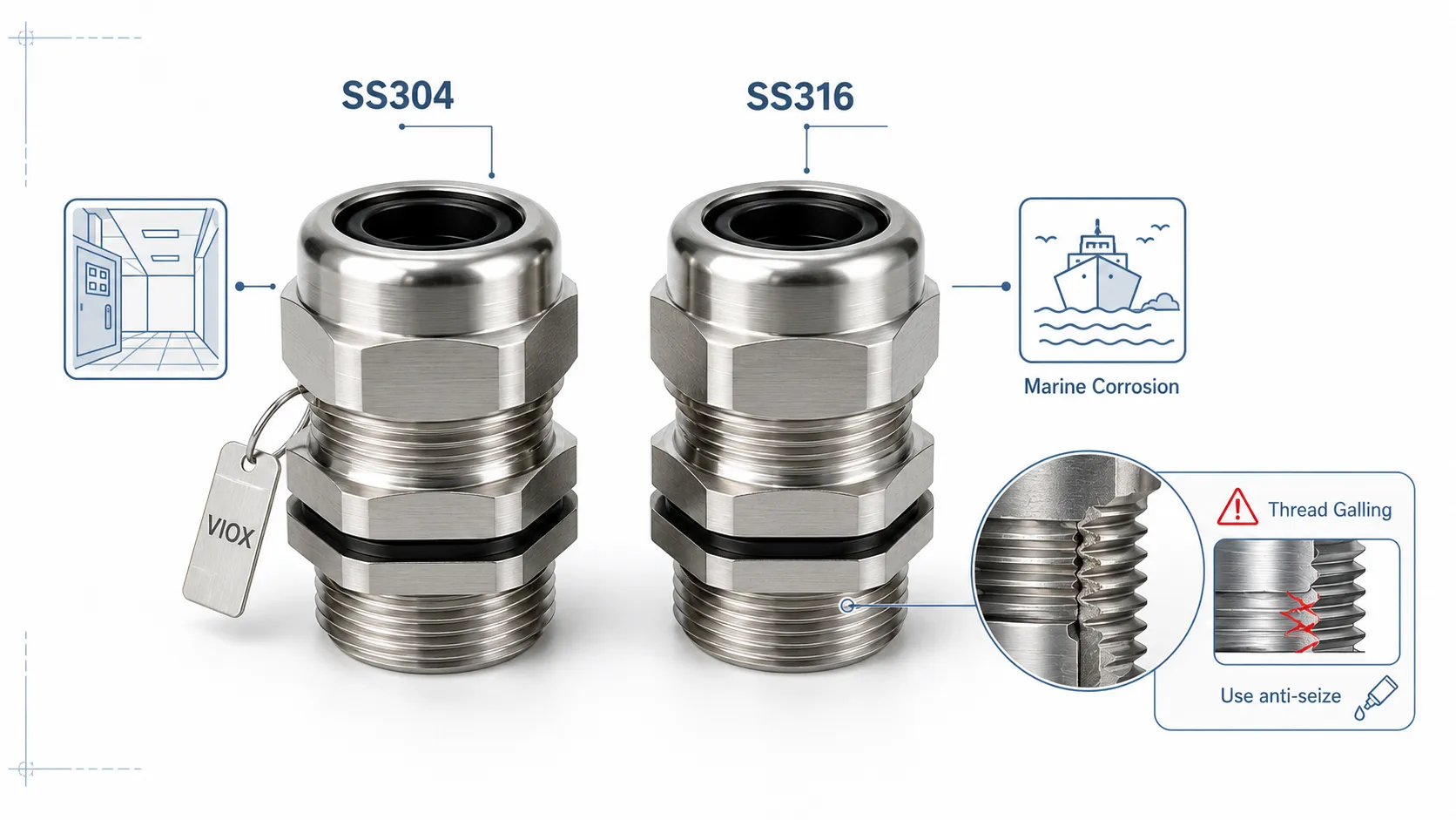 SS304 versus SS316 stainless steel cable glands with a thread galling warning and anti-seize installation note.
