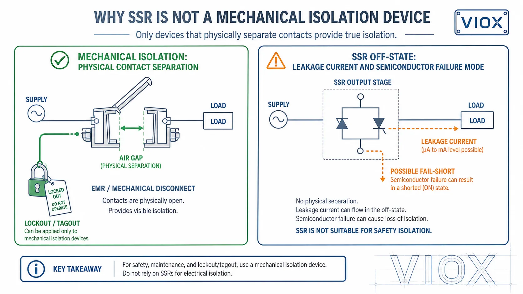 SSR off-state leakage and fail-short risk compared with mechanical contact isolation showing safety implications