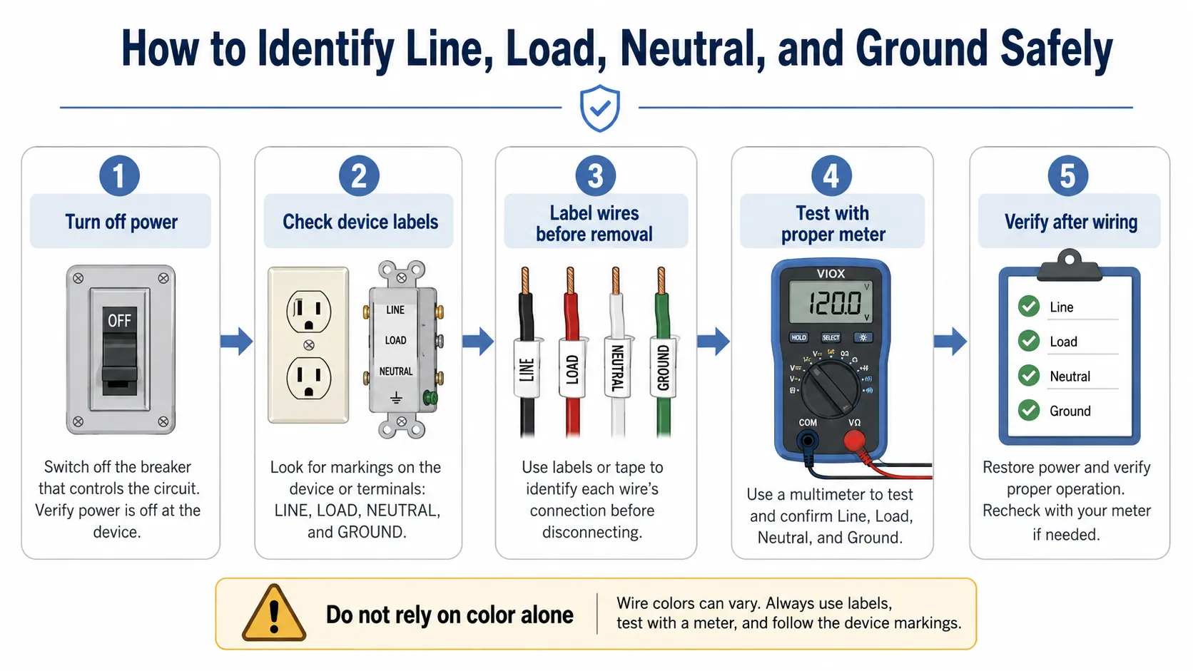 Safe workflow for identifying line, load, neutral, and ground wires using labels and a proper meter.