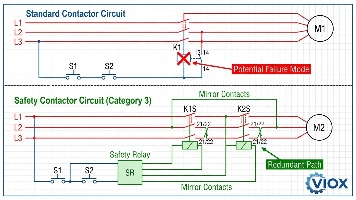 سیفٹی سرکٹ اسکیمیٹک جو EN ISO 13849-1 کے مطابق زمرہ 3 ترتیب میں اسٹینڈرڈ اور سیفٹی ریٹیڈ کانٹیکٹرز کا موازنہ کر رہا ہے۔