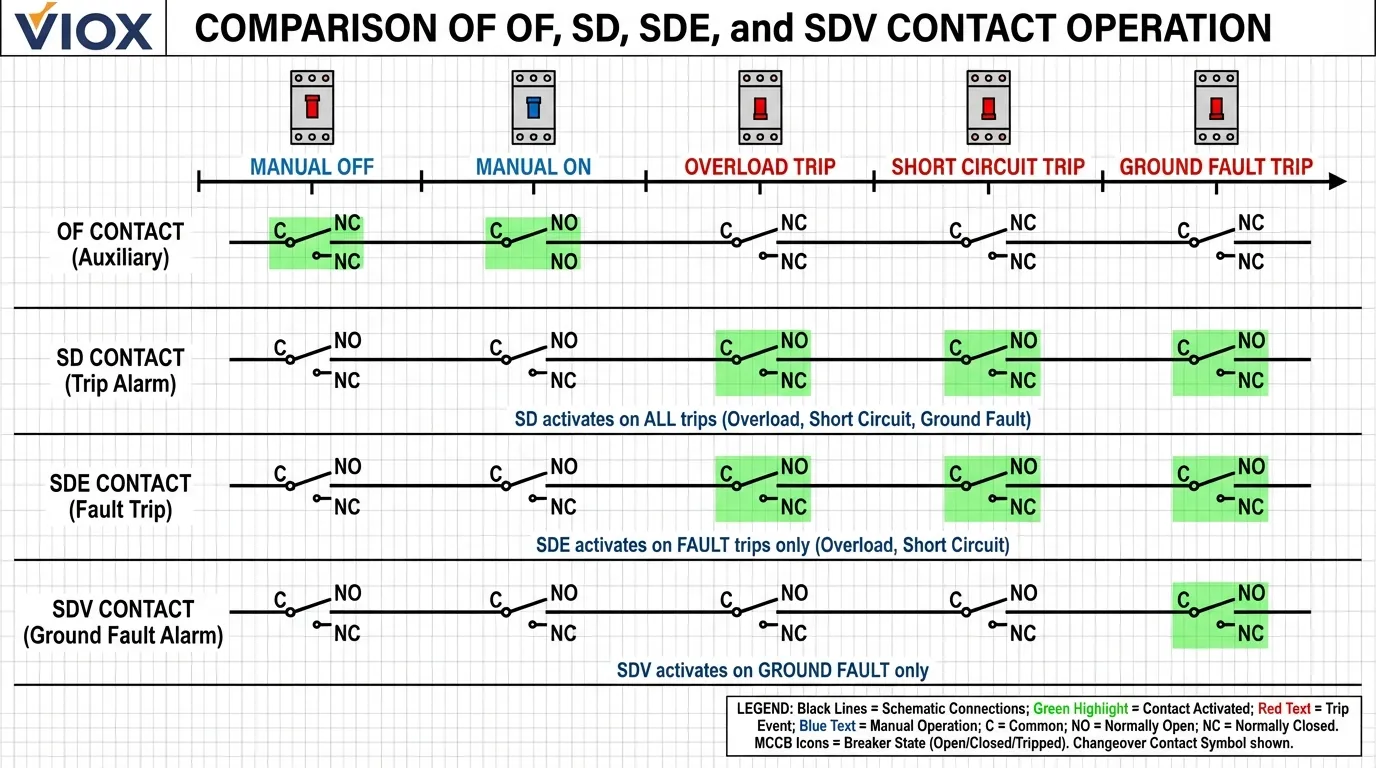 Schematic comparison diagram showing how VIOX MCCB auxiliary contacts (OF, SD, SDE, SDV) respond to different breaker events and trip conditions