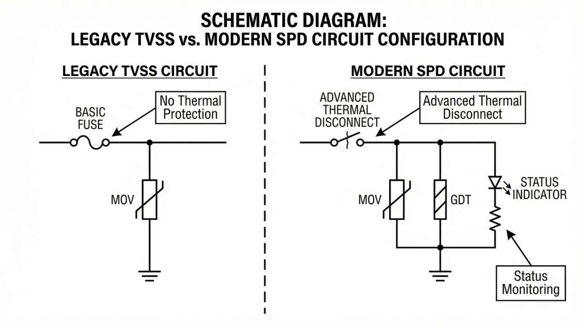 ການປຽບທຽບແບບແຜນຜັງຂອງວົງຈອນ TVSS ເກົ່າແລະ SPD ທີ່ທັນສະໄໝ