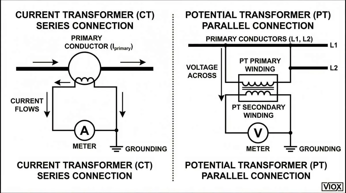 Schematic diagram comparing CT series and PT parallel connections