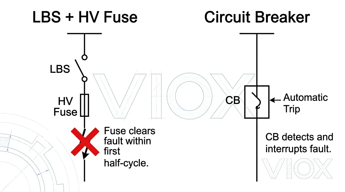 Schematic diagram na naghahambing ng LBS na may proteksyon ng fuse vs circuit breaker para sa short circuit clearing